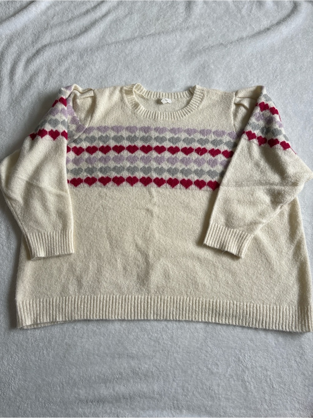 Maurices Cream Crewneck Sweater with Pink and Red Heart Pattern